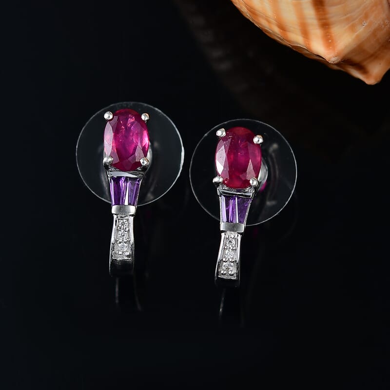 D'Joy Niassa Ruby (FF) and Multi Gemstone 2.60 ctw J Hoop Earrings in Rhodium Over Sterling Silver