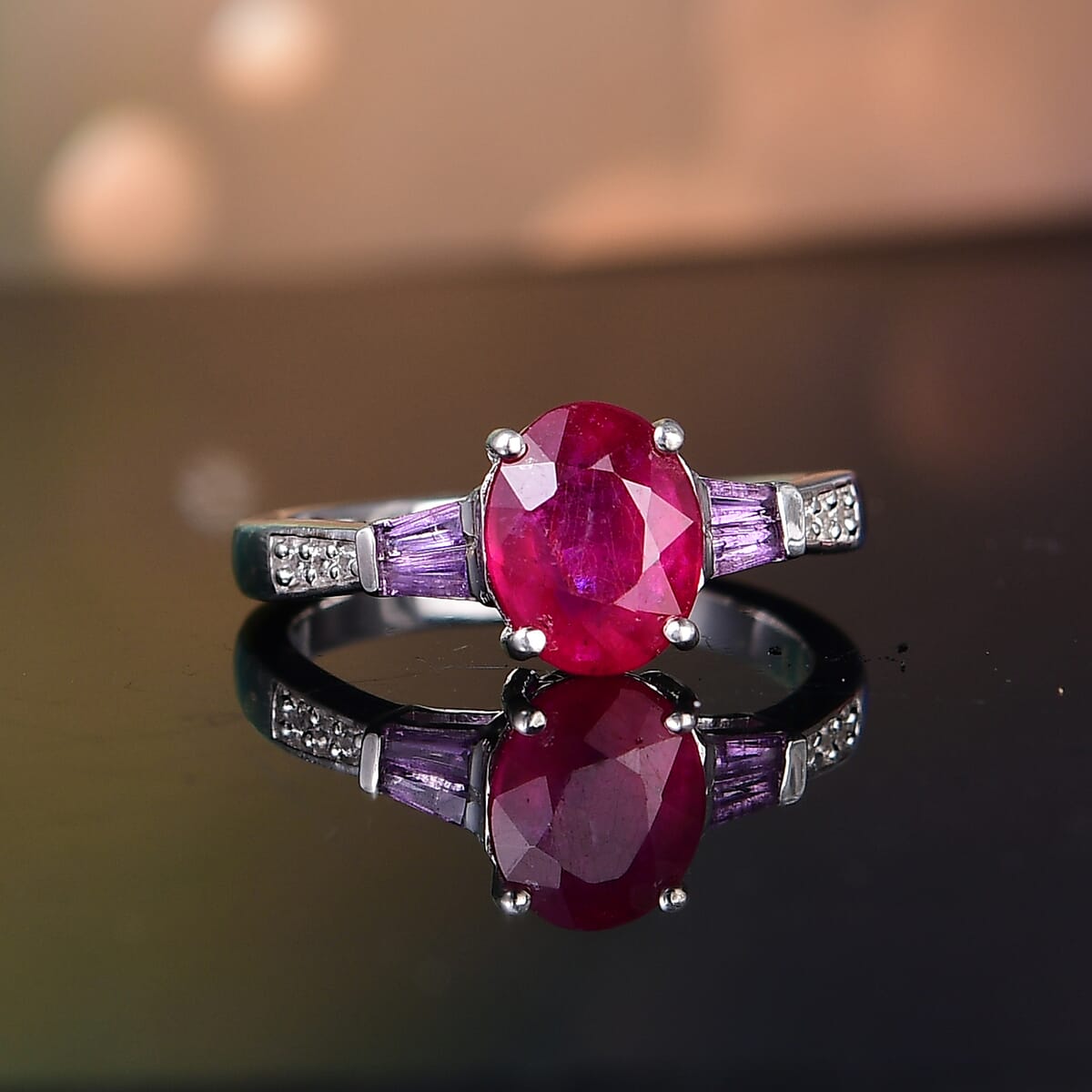 D'Joy Niassa Ruby (FF) and Multi Gemstone 3.10 ctw Solitaire Ring in Rhodium Over Sterling Silver (Size 7.0) image number 1