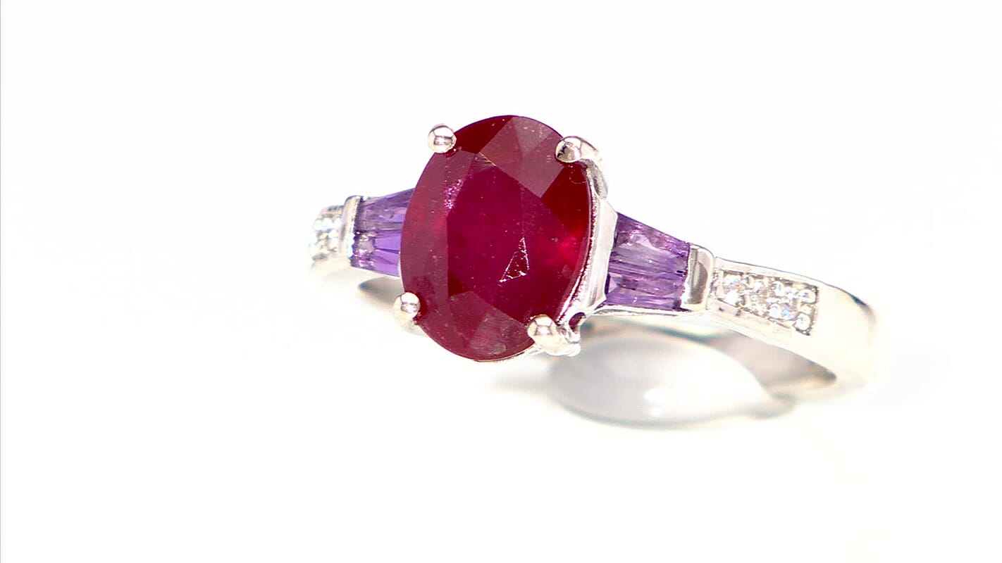 Niassa Ruby (FF) and Multi Gemstone 3.10 ctw Solitaire Ring in Rhodium Over Sterling Silver