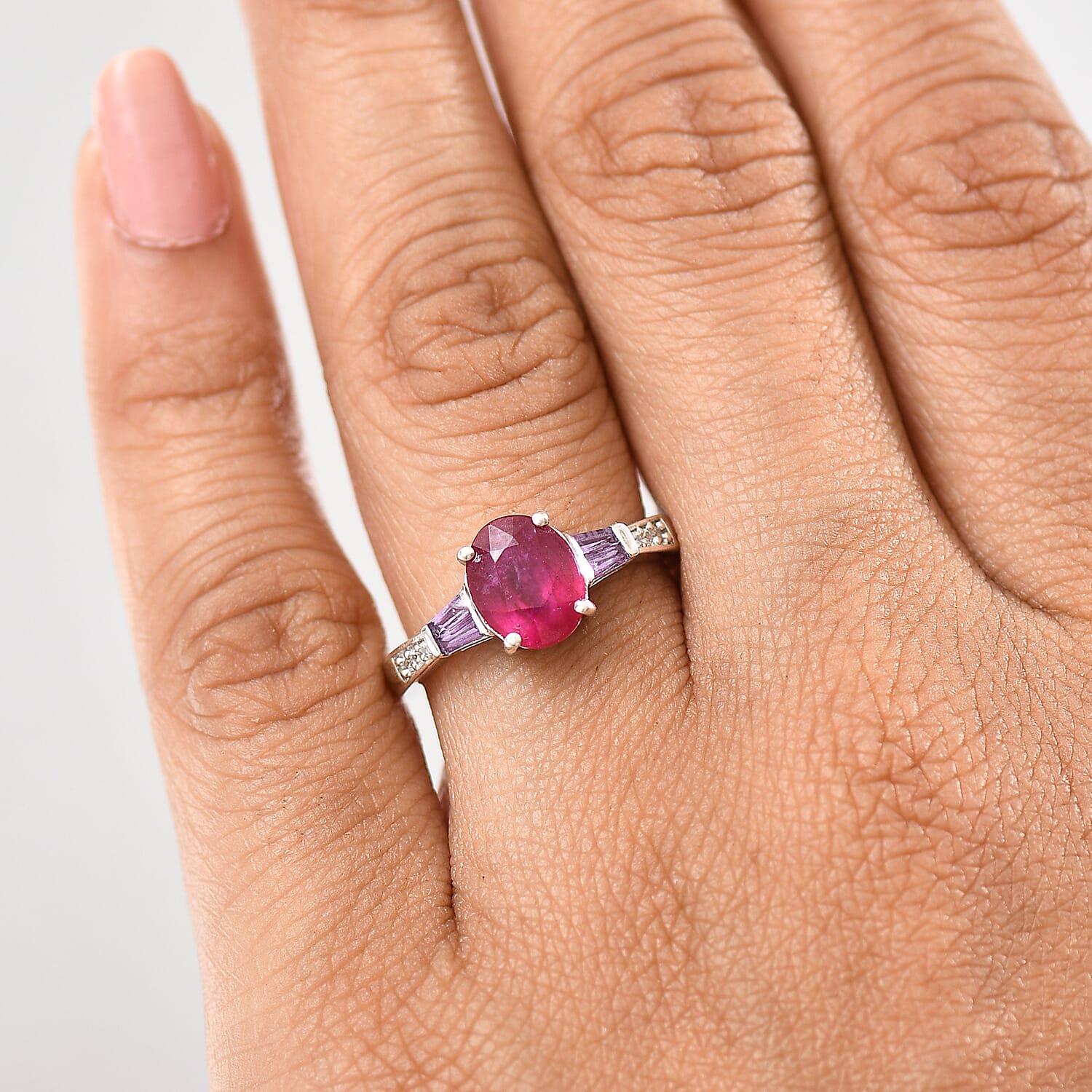 D'Joy Niassa Ruby (FF) and Multi Gemstone 3.10 ctw Ring in Rhodium Over Sterling Silver (Size 7.0)