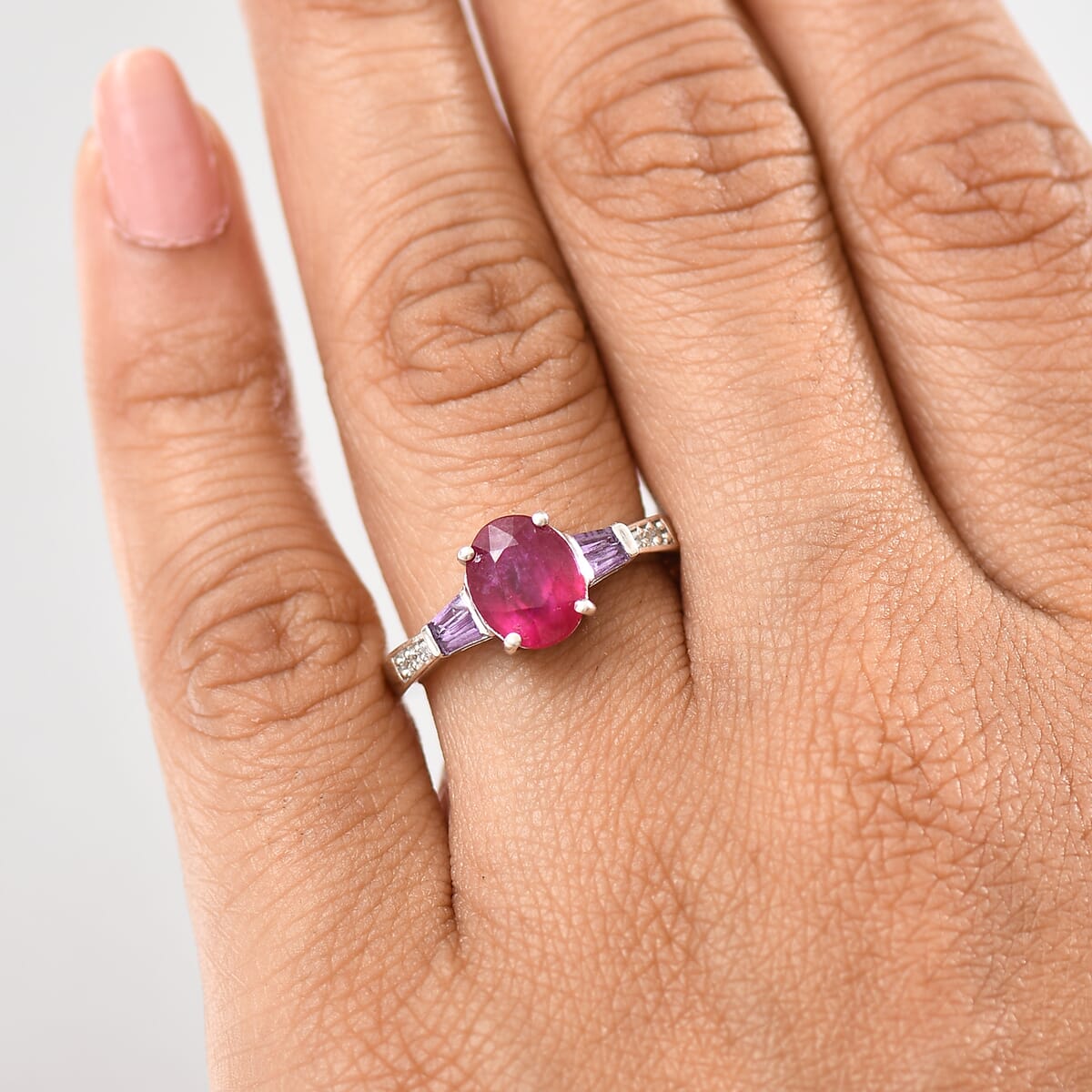 D'Joy Niassa Ruby (FF) and Multi Gemstone 3.10 ctw Solitaire Ring in Rhodium Over Sterling Silver (Size 7.0) image number 2