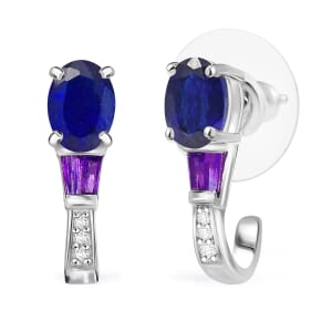 D'Joy Masoala Sapphire (D) and Multi Gemstone 2.40 ctw J Hoop Earrings in Rhodium Over Sterling Silver