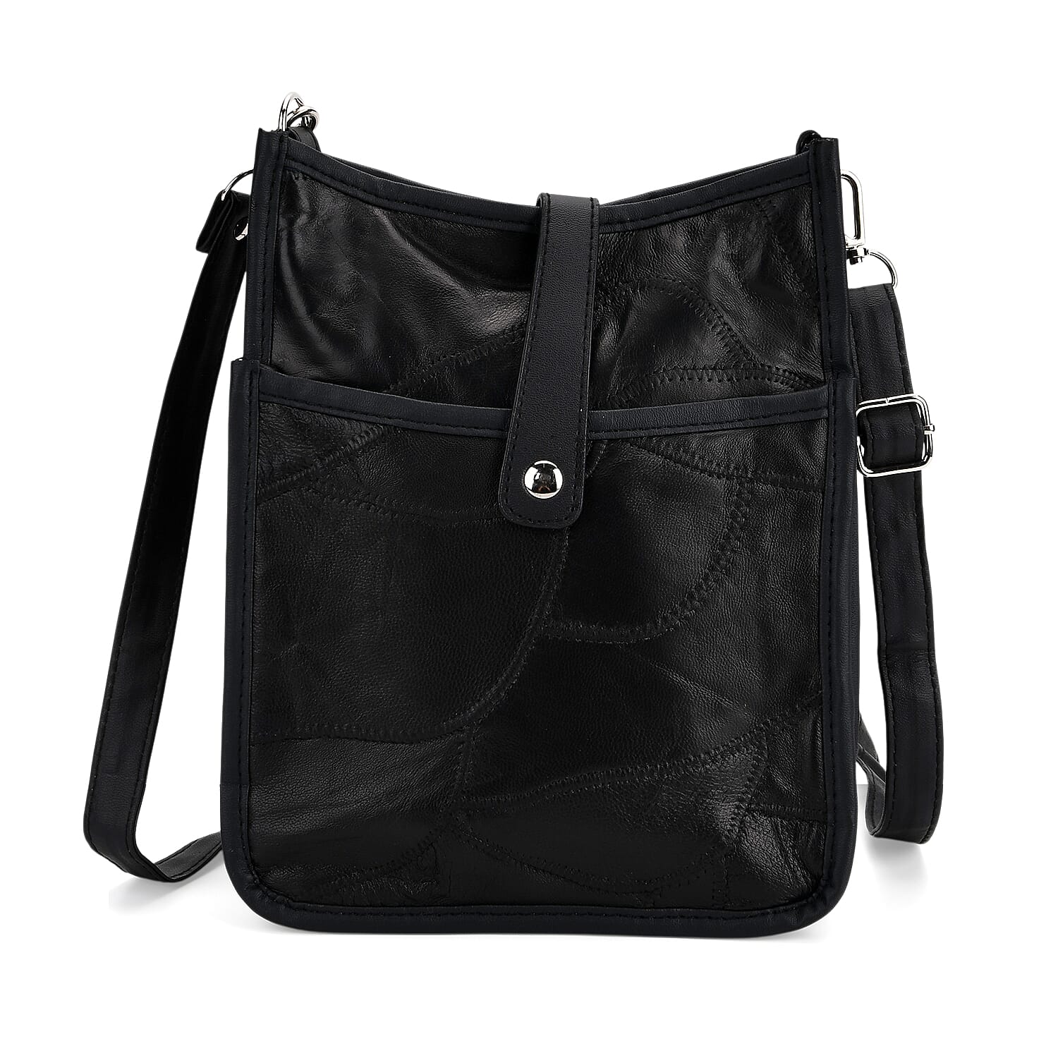 Black Patch Work Sheep Leather Crossbody Bag with Adjustable Shoulder Strap