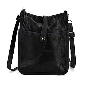 Black Patch Work Sheep Leather Crossbody Bag with Adjustable Shoulder Strap
