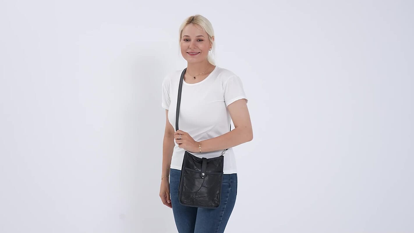 Black Patch Work Sheep Leather Crossbody Bag (8"x10"x4") with Adjustable Shoulder Strap