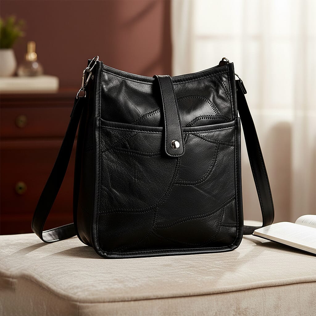 Black Patch Work Sheep Leather Crossbody Bag with Adjustable Shoulder Strap
