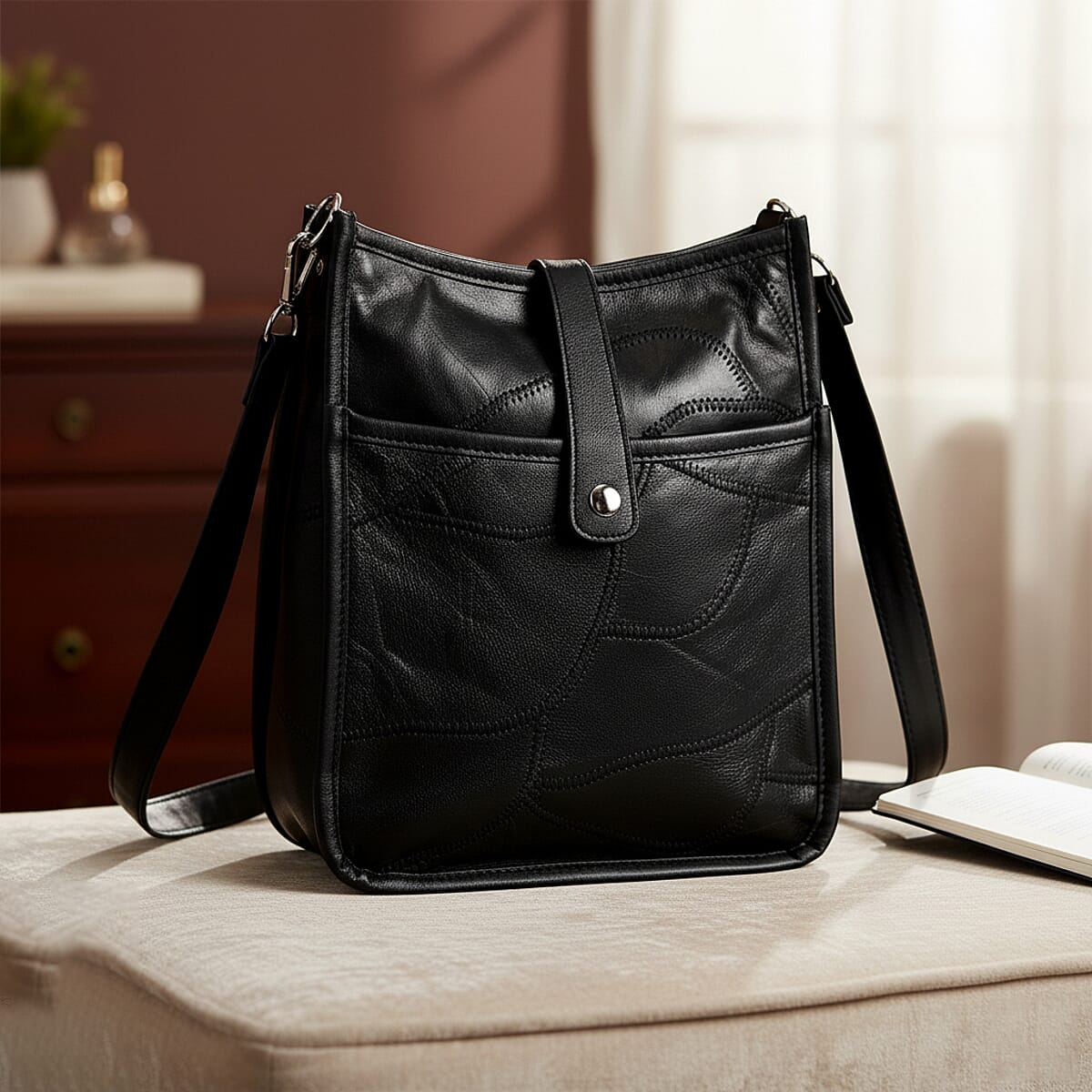 Black Patch Work Sheep Leather Crossbody Bag with Adjustable Shoulder Strap image number 1