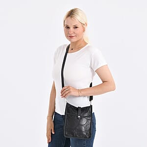 Black Patch Work Sheep Leather Crossbody Bag with Adjustable Shoulder Strap