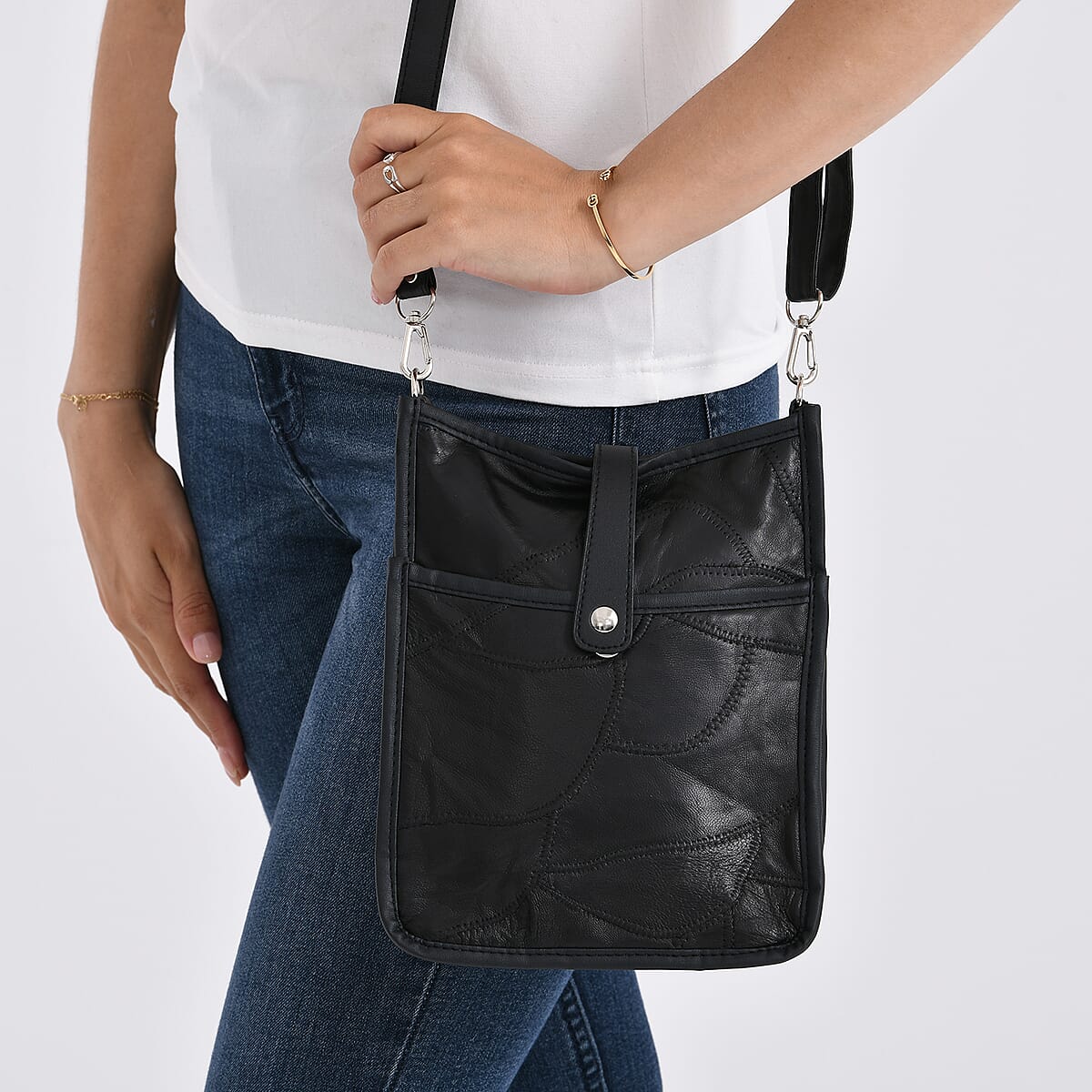 Black Patch Work Sheep Leather Crossbody Bag with Adjustable Shoulder Strap image number 3