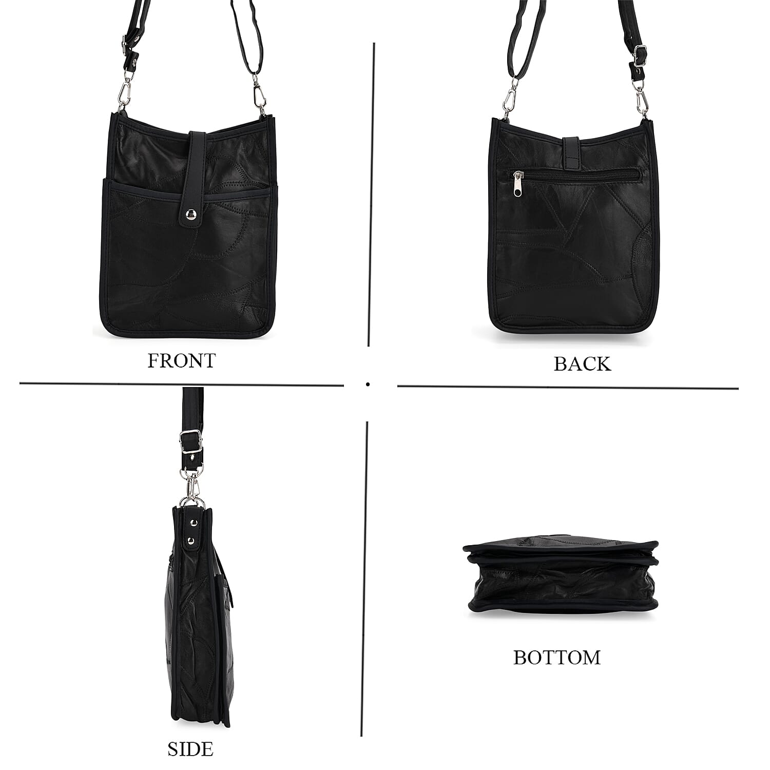 Black Patch Work Sheep Leather Crossbody Bag with Adjustable Shoulder Strap
