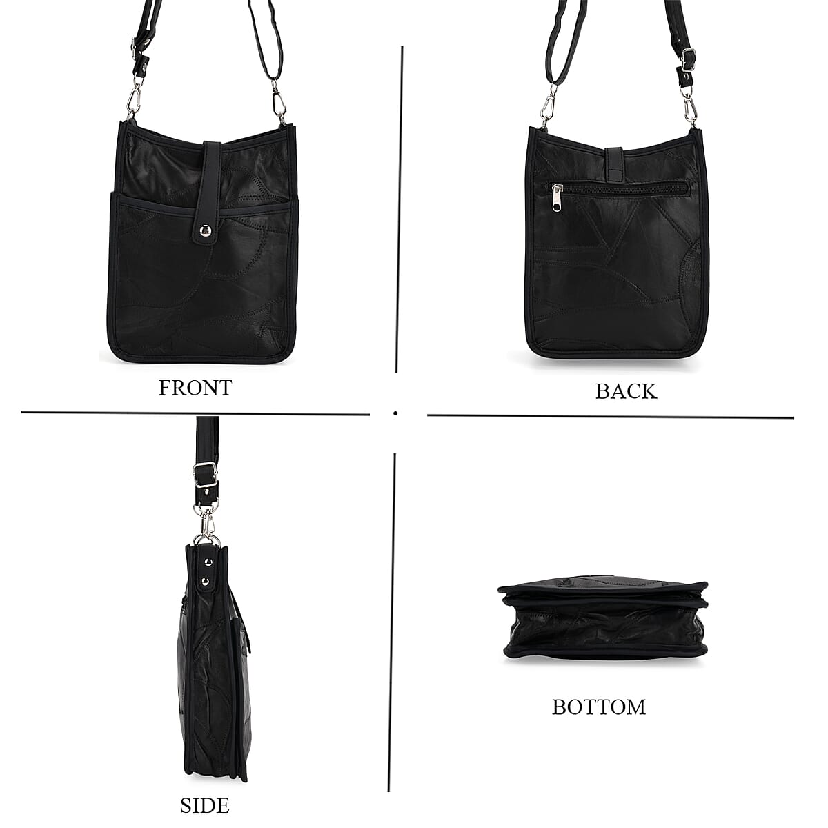 Black Patch Work Sheep Leather Crossbody Bag with Adjustable Shoulder Strap image number 4