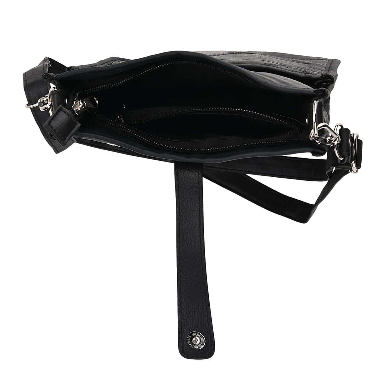 Black Patch Work Sheep Leather Crossbody Bag with Adjustable Shoulder Strap image number 5