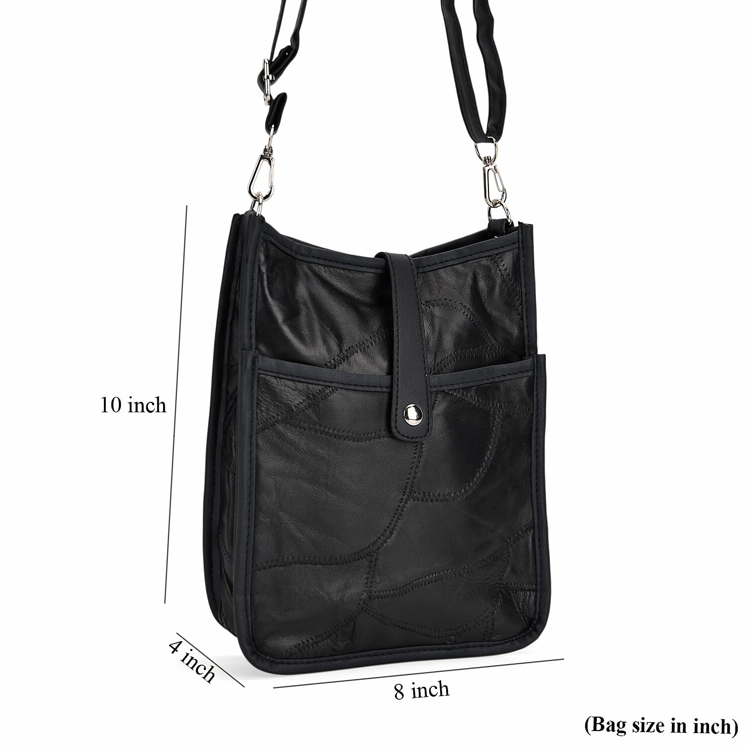 Black Patch Work Sheep Leather Crossbody Bag with Adjustable Shoulder Strap