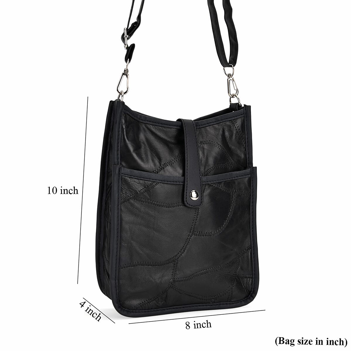 Black Patch Work Sheep Leather Crossbody Bag with Adjustable Shoulder Strap image number 7