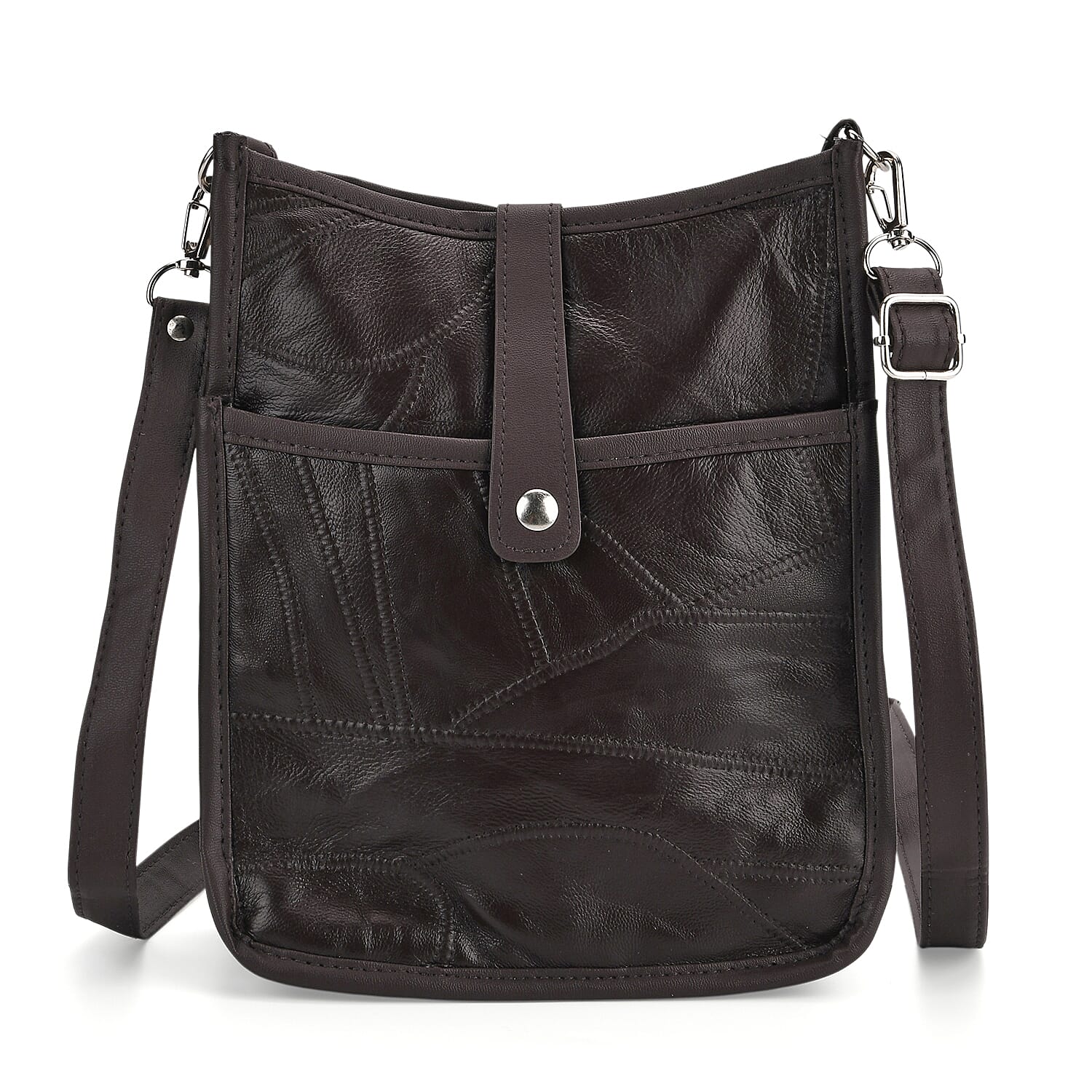 Black Patch Work Sheep Leather Crossbody Bag (8"x10"x4") with Adjustable Shoulder Strap