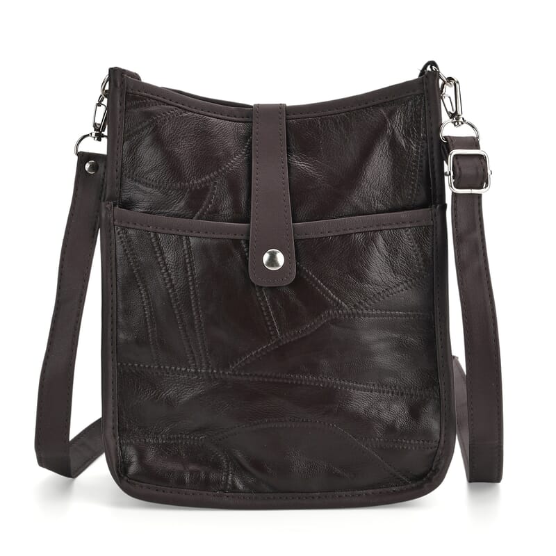 Brown Patch Work Sheep Leather Crossbody Bag with Adjustable Shoulder Strap