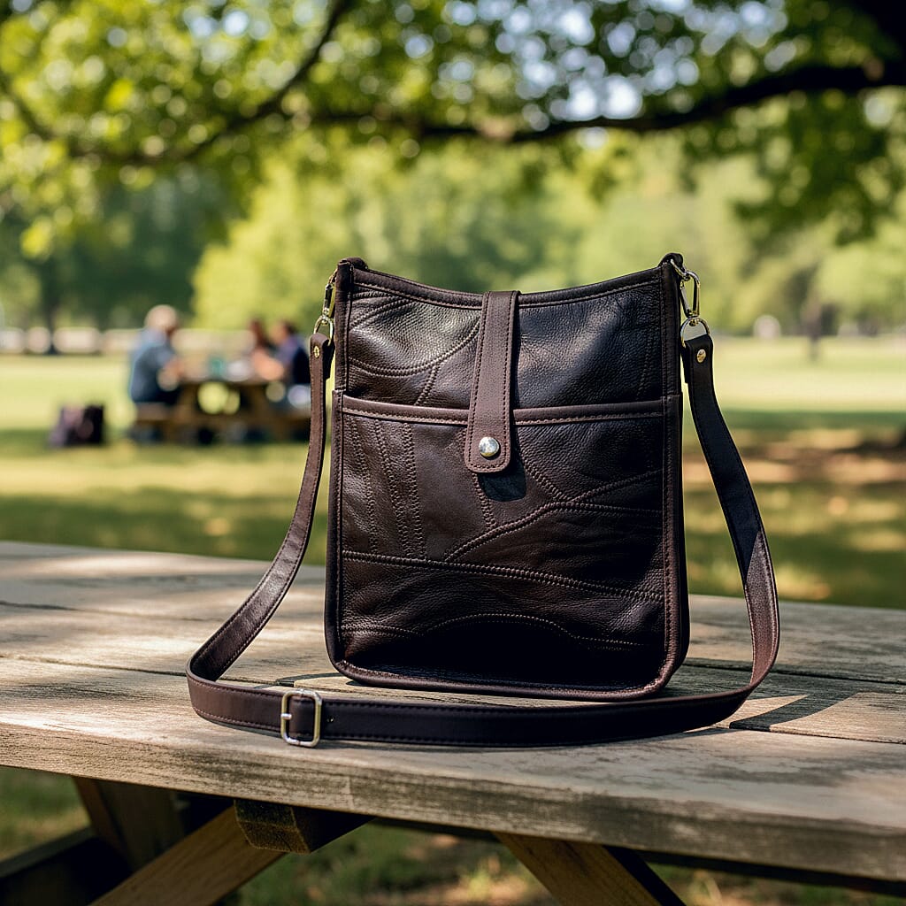 Brown Patch Work Sheep Leather Crossbody Bag with Adjustable Shoulder Strap