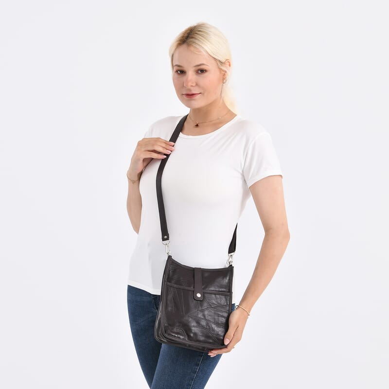 Brown Patch Work Sheep Leather Crossbody Bag with Adjustable Shoulder Strap
