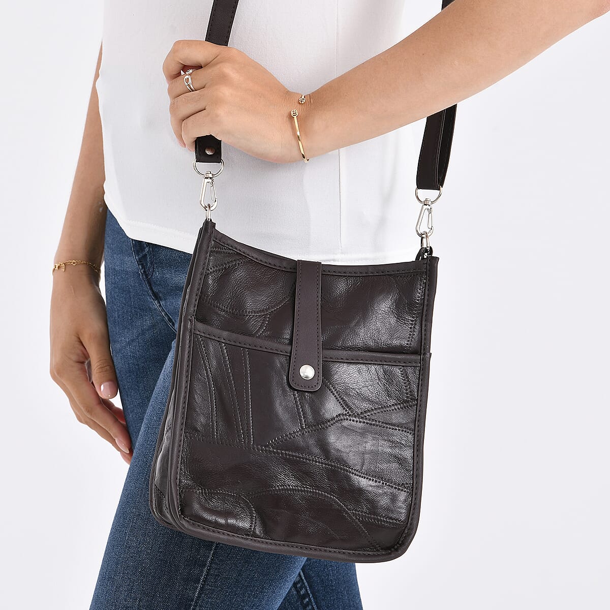 Brown Patch Work Sheep Leather Crossbody Bag with Adjustable Shoulder Strap image number 3