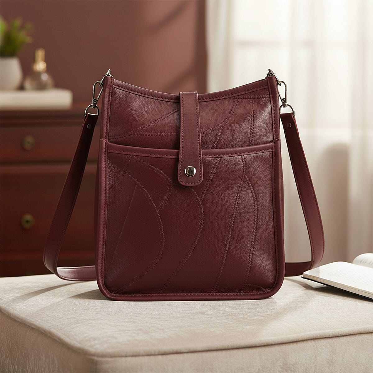 Burgundy Patch Work Sheep Leather Crossbody Bag with Adjustable Shoulder Strap image number 1