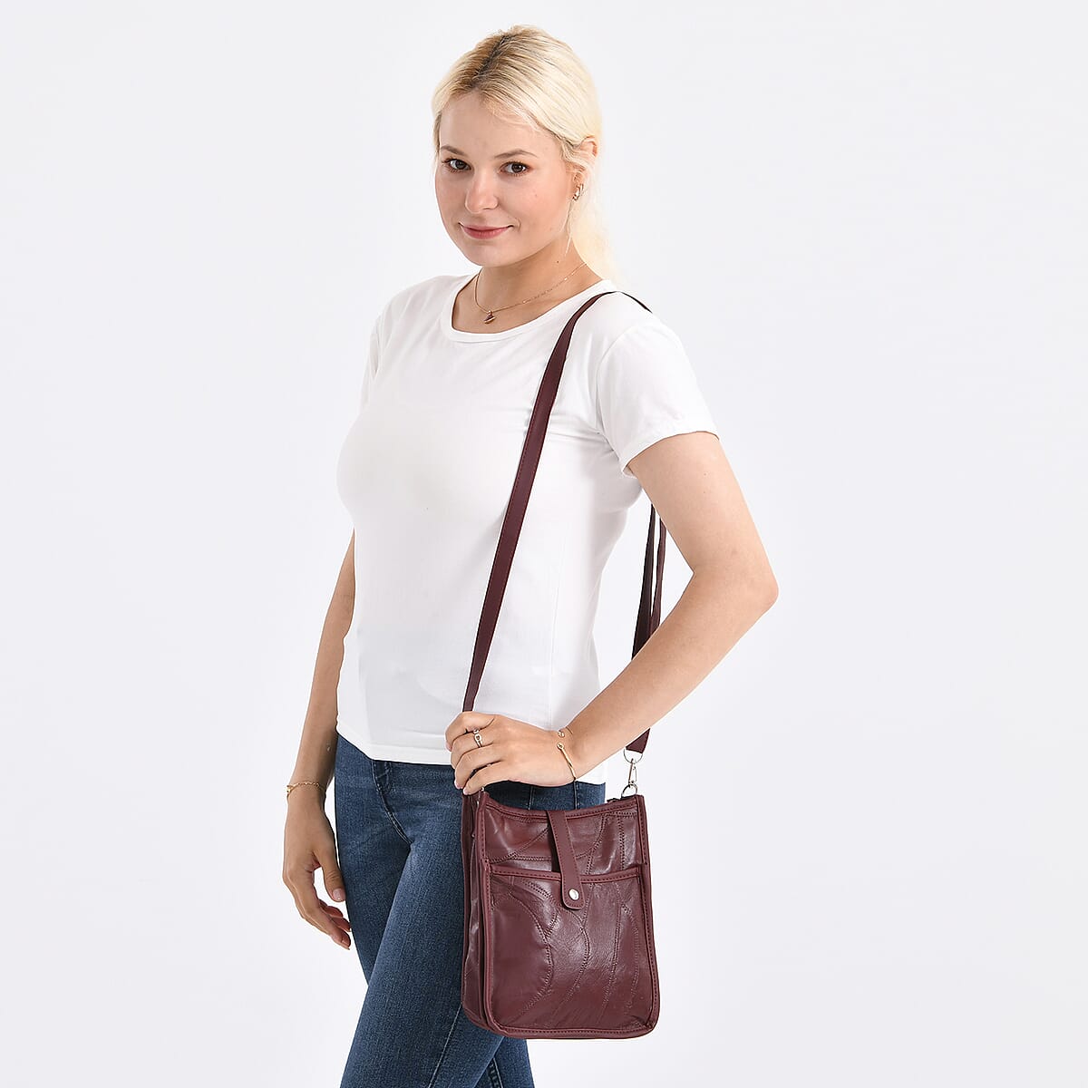 Burgundy Patch Work Sheep Leather Crossbody Bag with Adjustable Shoulder Strap image number 2