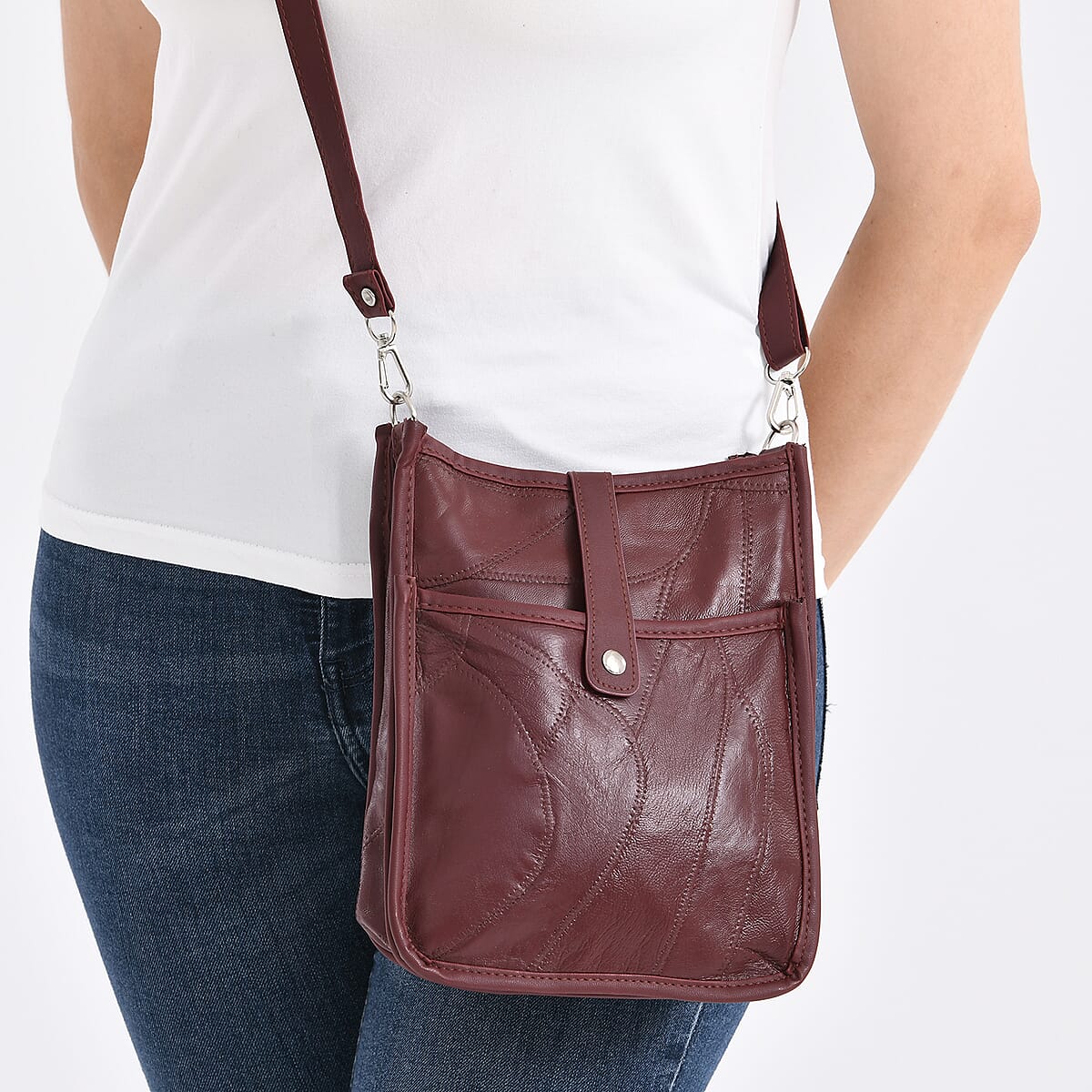 Burgundy Patch Work Sheep Leather Crossbody Bag with Adjustable Shoulder Strap image number 3