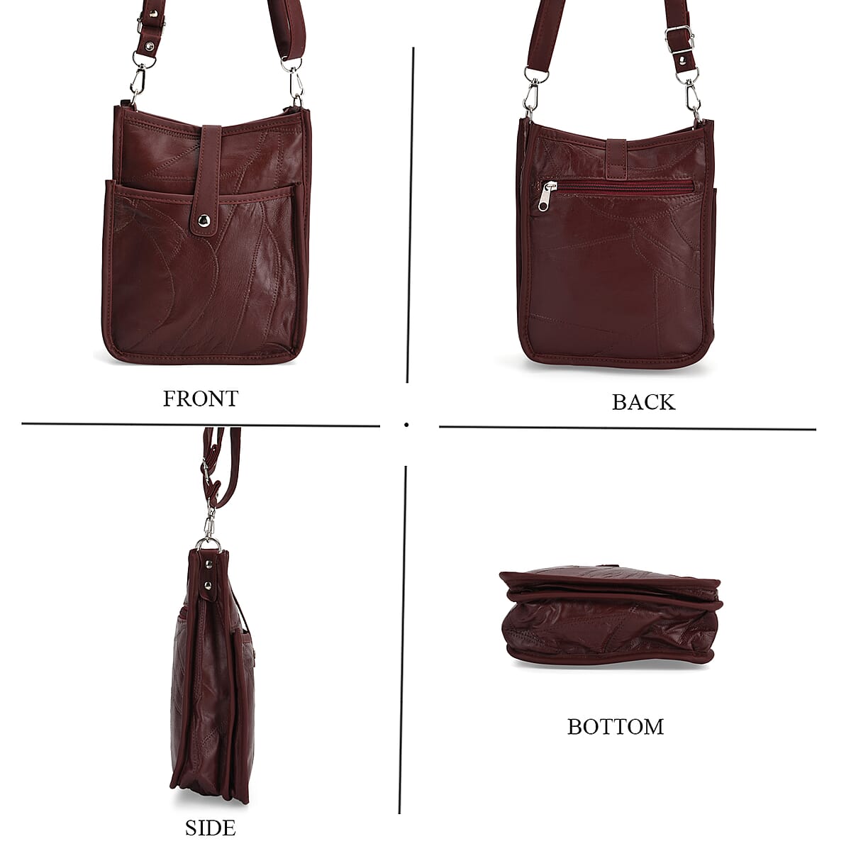 Burgundy Patch Work Sheep Leather Crossbody Bag with Adjustable Shoulder Strap image number 4