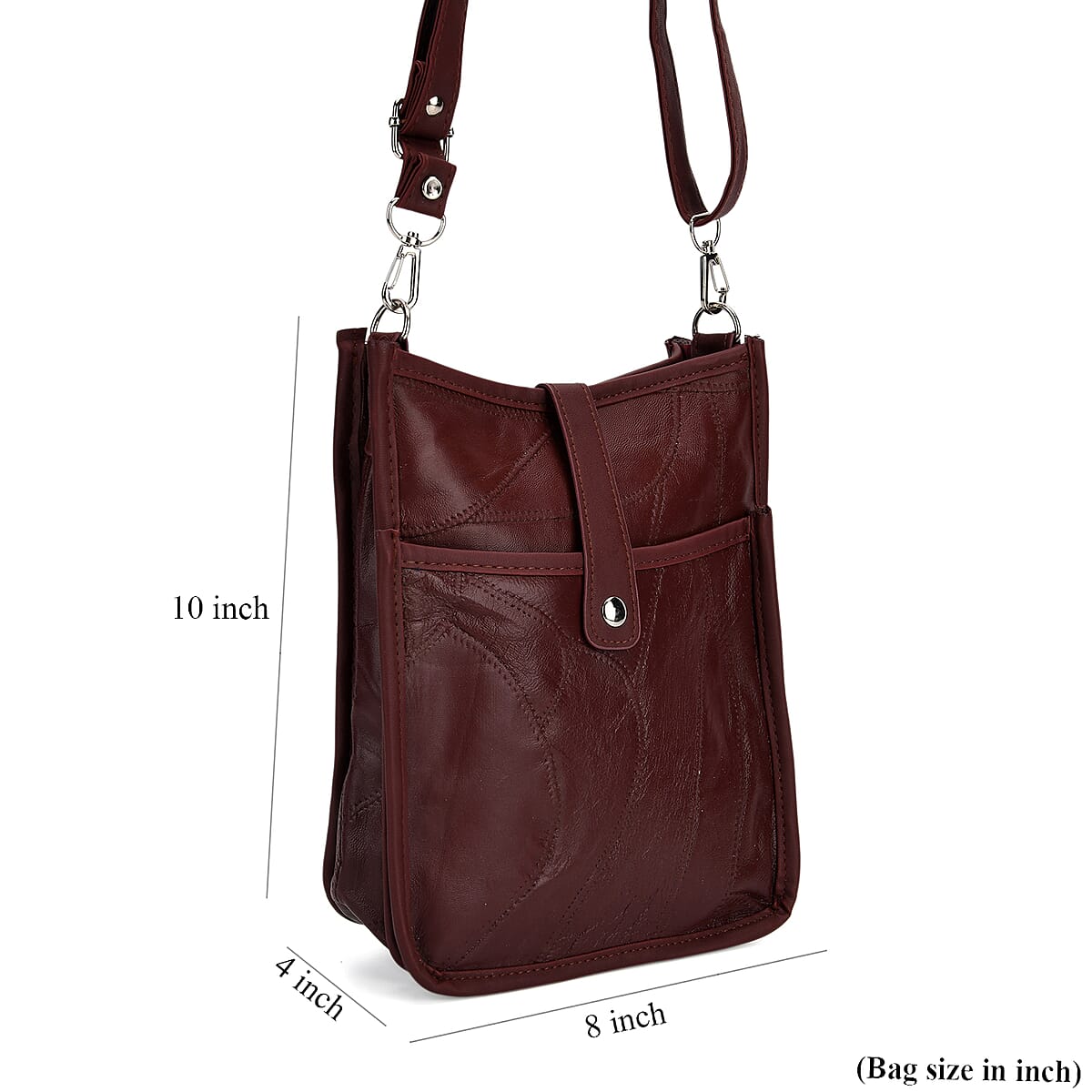 Burgundy Patch Work Sheep Leather Crossbody Bag with Adjustable Shoulder Strap image number 7