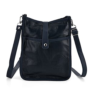 Navy Patch Work Sheep Leather Crossbody Bag with Adjustable Shoulder Strap