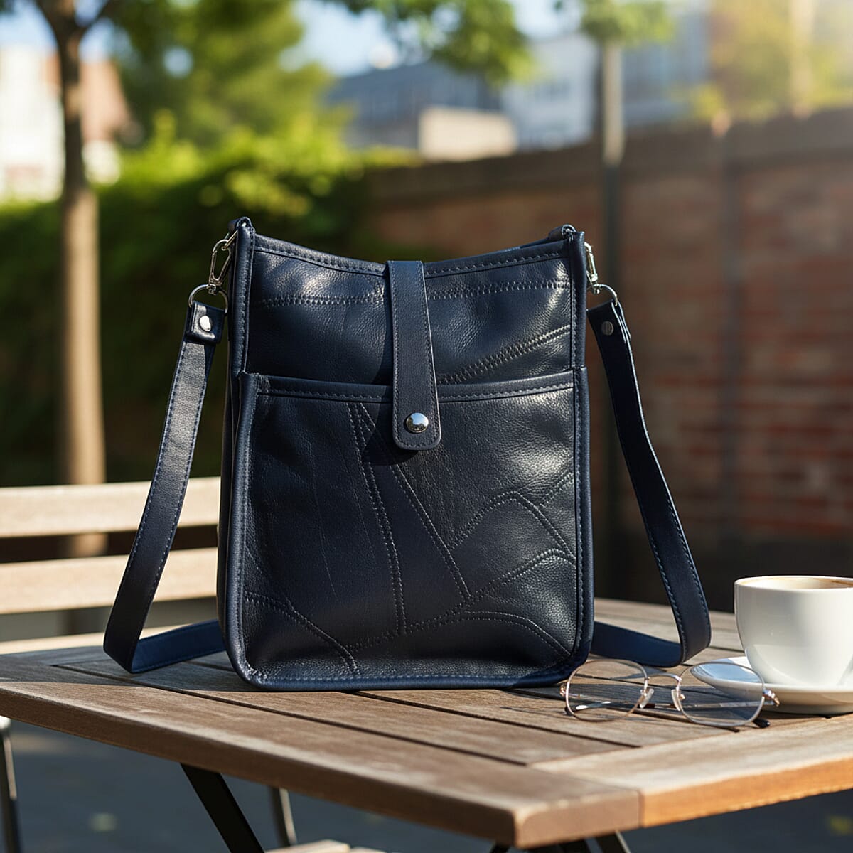 Navy Patch Work Sheep Leather Crossbody Bag with Adjustable Shoulder Strap image number 1