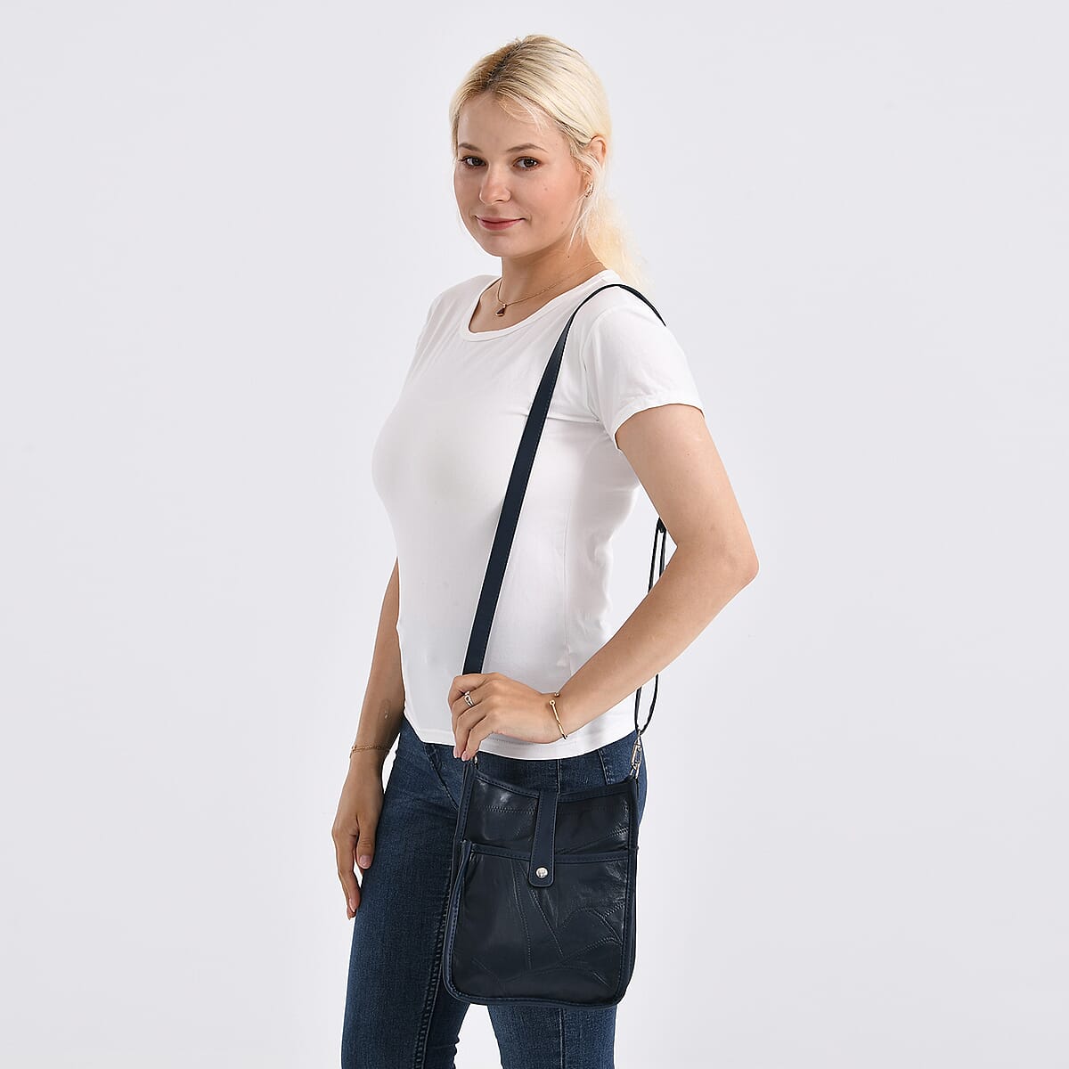 Navy Patch Work Sheep Leather Crossbody Bag with Adjustable Shoulder Strap image number 2