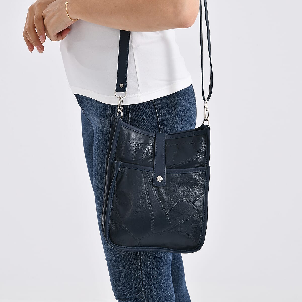 Navy Patch Work Sheep Leather Crossbody Bag with Adjustable Shoulder Strap image number 3