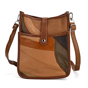 Multi Brown Patch Work Sheep Leather Crossbody Bag with Adjustable Shoulder Strap