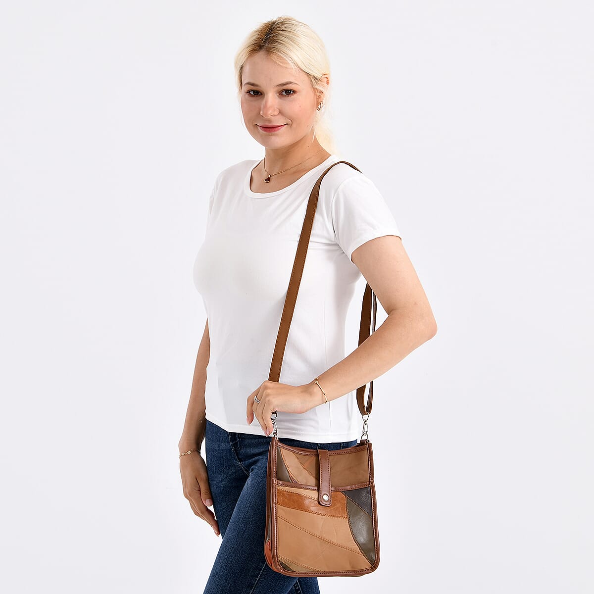 Multi Brown Patch Work Sheep Leather Crossbody Bag with Adjustable Shoulder Strap image number 2