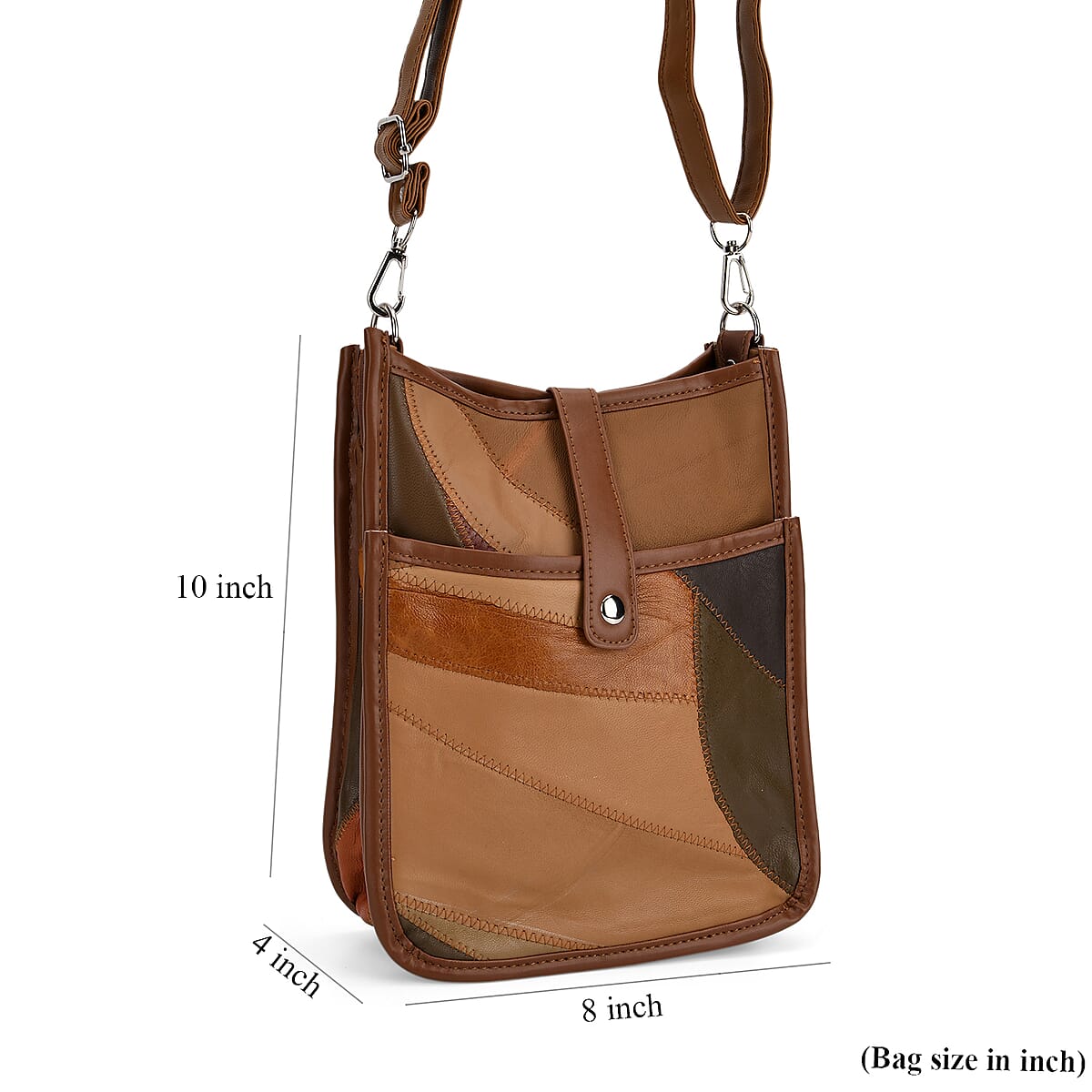 Multi Brown Patch Work Sheep Leather Crossbody Bag with Adjustable Shoulder Strap image number 7