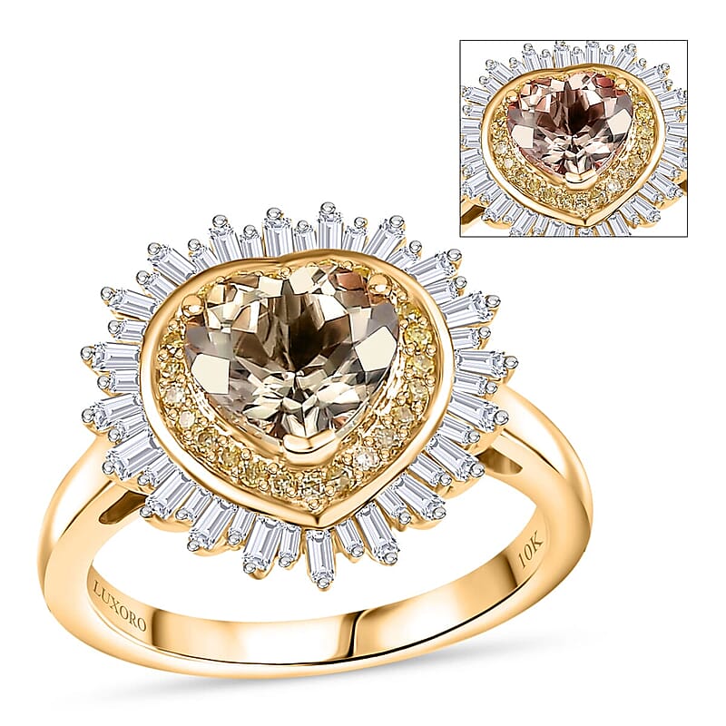 Luxoro AAA Turkizite, Natural Yellow and White Diamond I2 2.50 ctw Radiant Heart Ring in 10K Yellow Gold (Size 10.0)