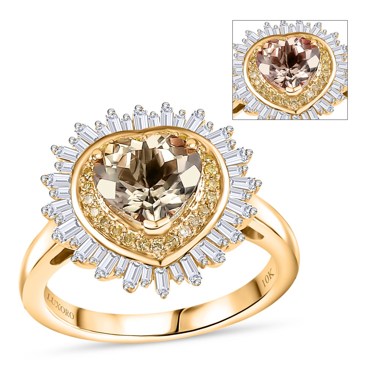 Luxoro AAA Turkizite, Natural Yellow and White Diamond I2 2.50 ctw Radiant Heart Ring in 10K Yellow Gold (Size 6.0) image number 0