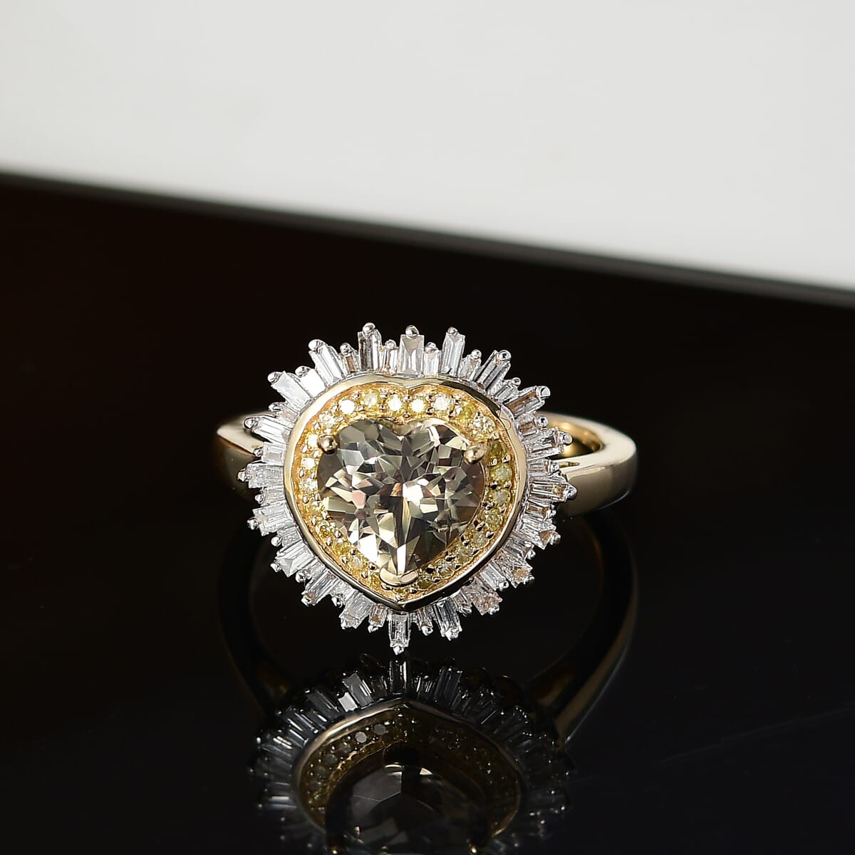 Luxoro AAA Turkizite, Natural Yellow and White Diamond I2 2.50 ctw Radiant Heart Ring in 10K Yellow Gold (Size 6.0) image number 1