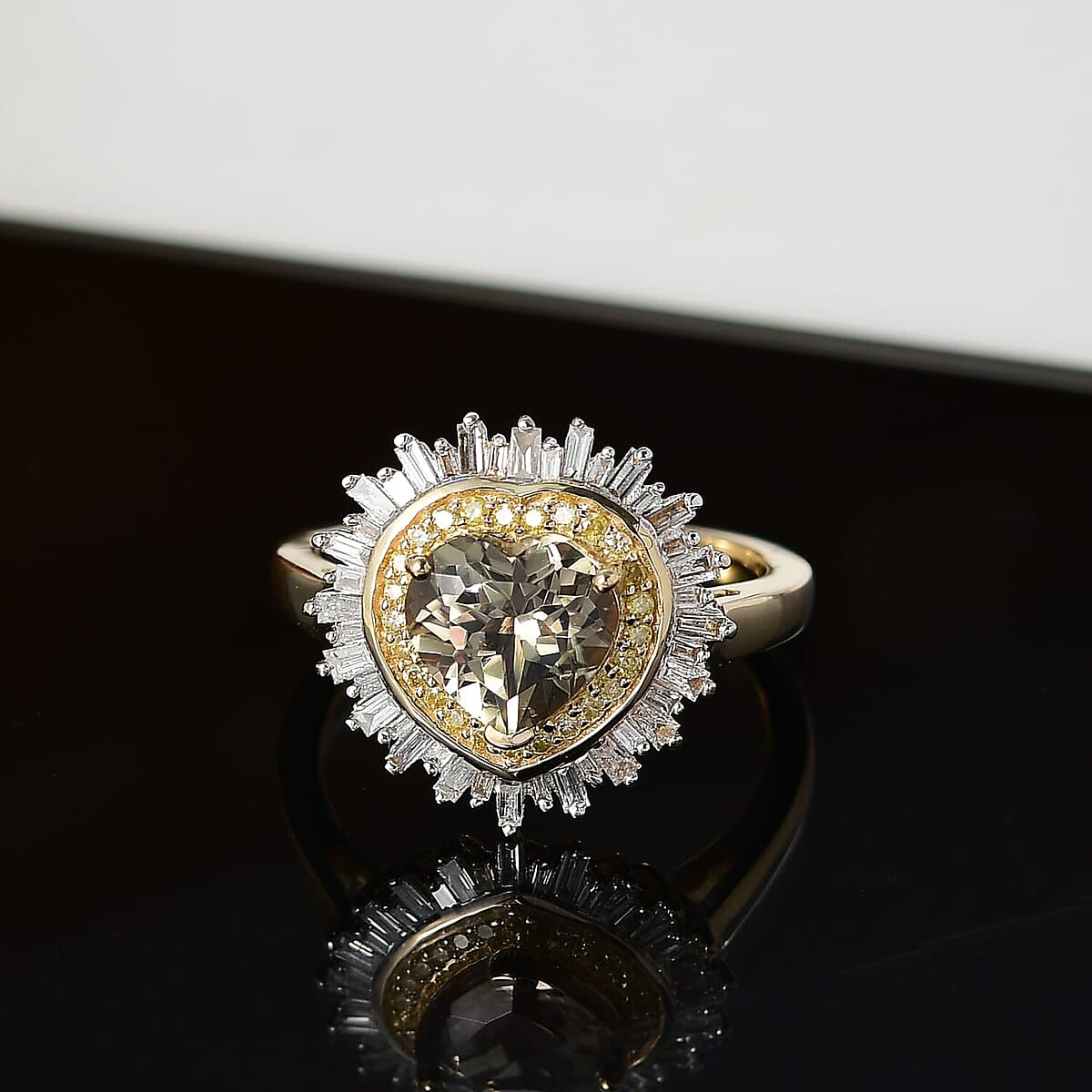 Luxoro 10K Yellow Gold AAA Turkizite, Natural Yellow and White Diamond (I2) Radiant Heart Ring (Size 6.5) 2.50 ctw image number 1