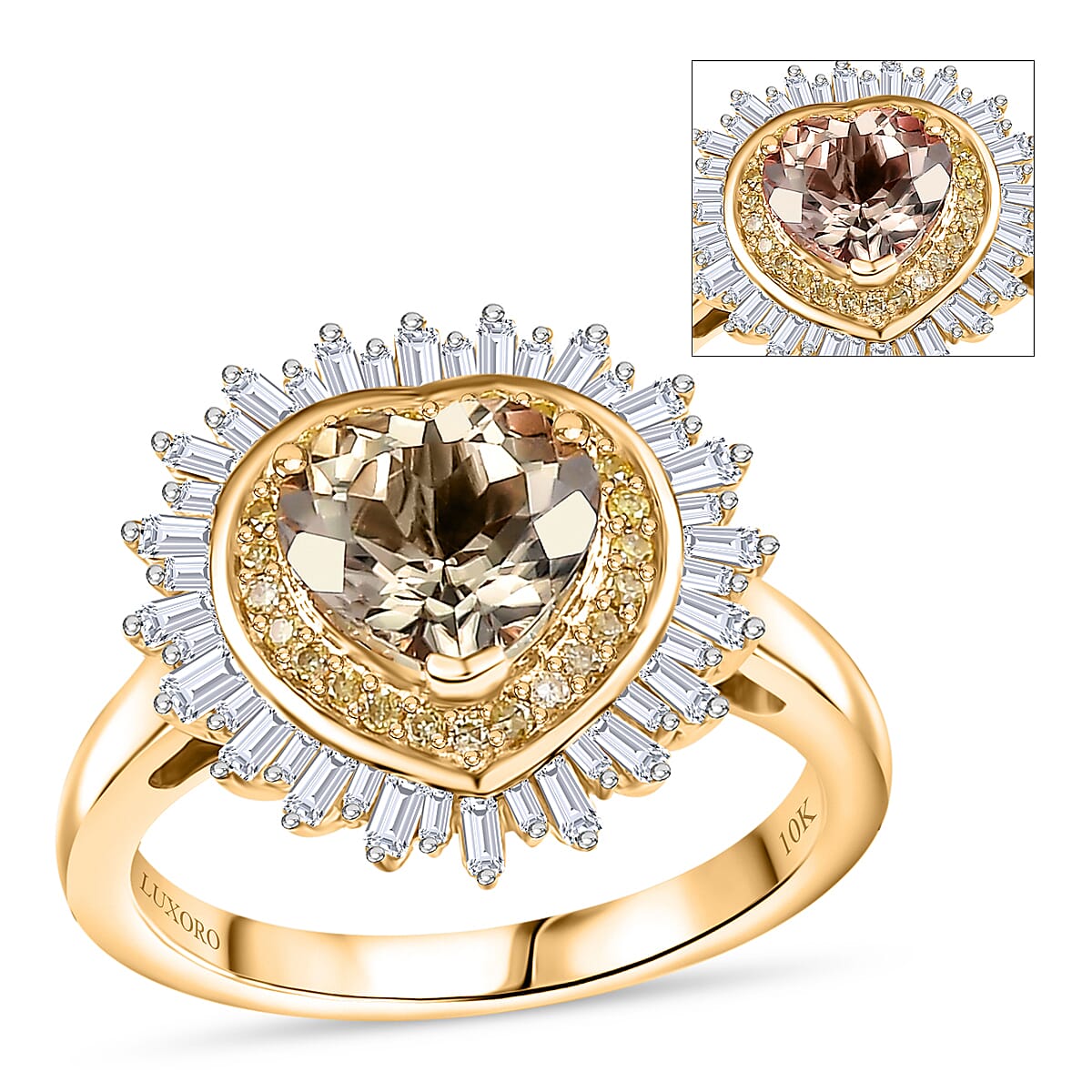 Luxoro AAA Turkizite, Natural Yellow and White Diamond I2 2.50 ctw Radiant Heart Ring in 10K Yellow Gold (Size 8.0) image number 0