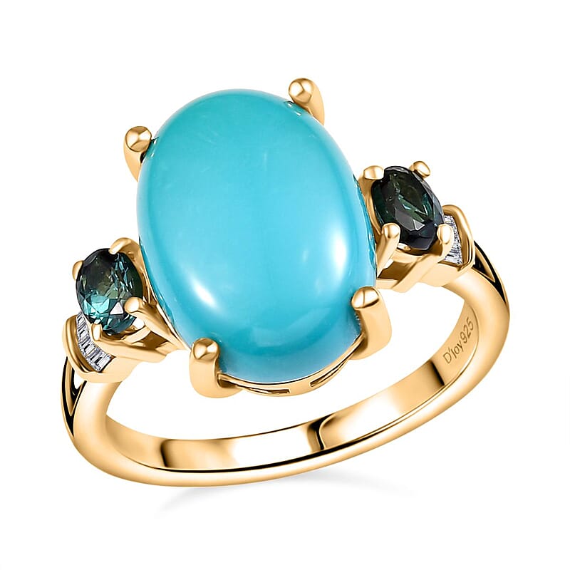 D'Joy Sleeping Beauty Turquoise, Monte Belo Indicolite and Diamond 5.35 ctw Ocean Empress Ring in 18K Vermeil Yellow Gold Over Sterling Silver (Size 10.0) 