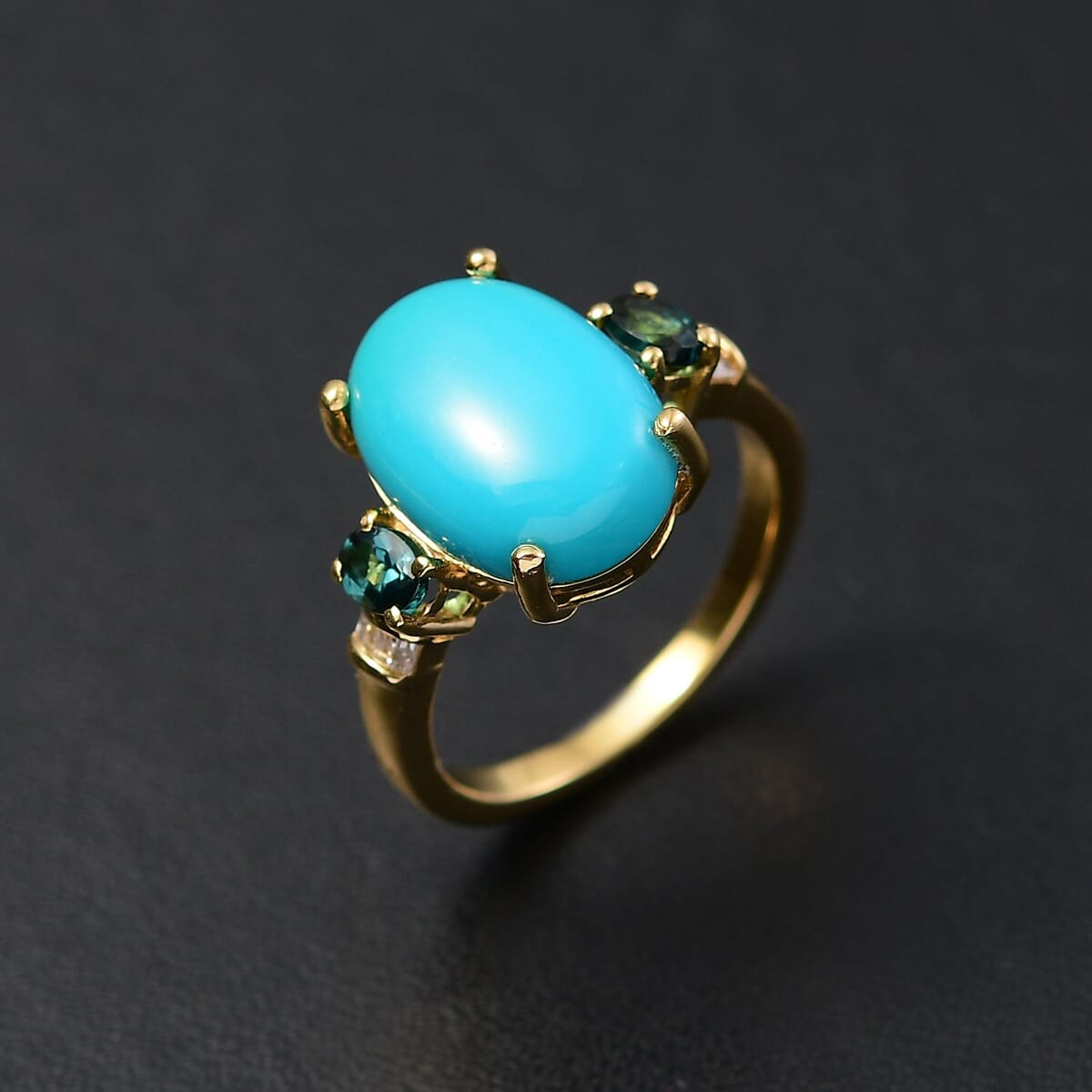 Sleeping Beauty Turquoise, Monte Belo Indicolite and White Diamond 5.35 ctw Ring in 18K Vermeil Yellow Gold Over Sterling Silver (Size 10.0) image number 1