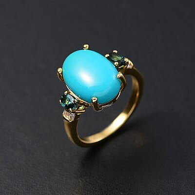 D'Joy Sleeping Beauty Turquoise, Monte Belo Indicolite and Diamond 5.35 ctw Ocean Empress Ring in 18K Vermeil Yellow Gold Over Sterling Silver (Size 10.0) 