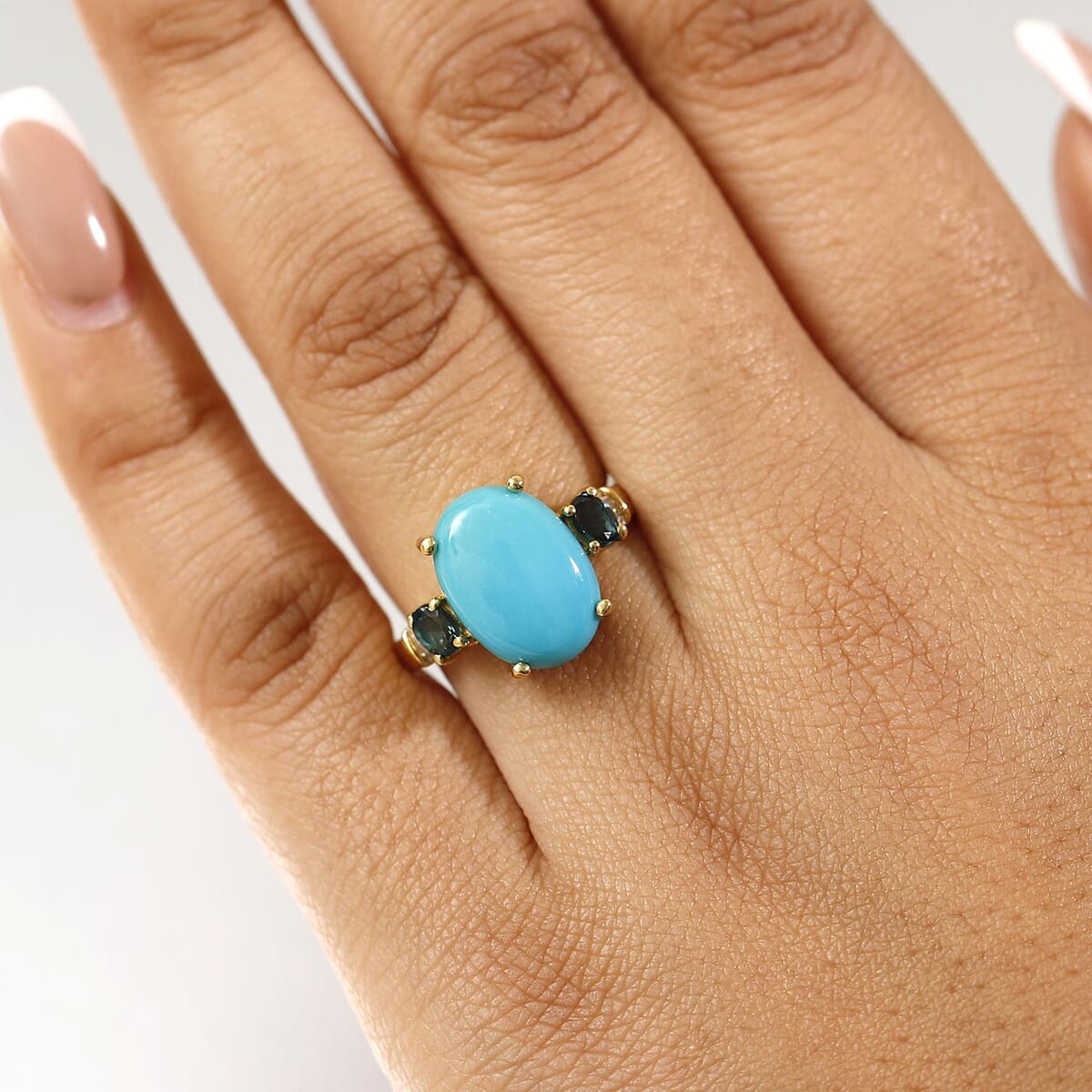 Sleeping Beauty Turquoise, Monte Belo Indicolite and White Diamond 5.35 ctw Ring in 18K Vermeil Yellow Gold Over Sterling Silver (Size 10.0) image number 2