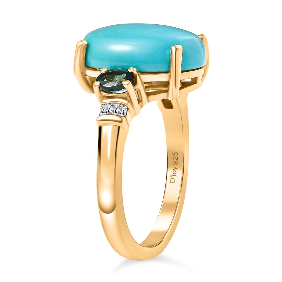 Sleeping Beauty Turquoise, Monte Belo Indicolite and White Diamond 5.35 ctw Ring in 18K Vermeil Yellow Gold Over Sterling Silver (Size 10.0) image number 3