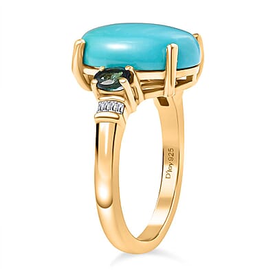 D'Joy Sleeping Beauty Turquoise, Monte Belo Indicolite and Diamond 5.35 ctw Ocean Empress Ring in 18K Vermeil Yellow Gold Over Sterling Silver (Size 10.0) 