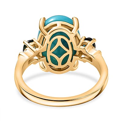 D'Joy Sleeping Beauty Turquoise, Monte Belo Indicolite and Diamond 5.35 ctw Ocean Empress Ring in 18K Vermeil Yellow Gold Over Sterling Silver (Size 10.0) 