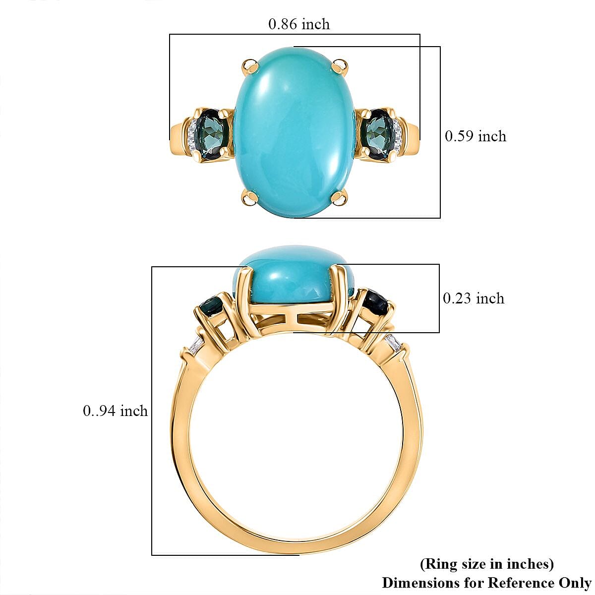 D'Joy Sleeping Beauty Turquoise, Monte Belo Indicolite and Diamond 5.35 ctw Ocean Empress Ring in 18K Vermeil Yellow Gold Over Sterling Silver (Size 10.0) 