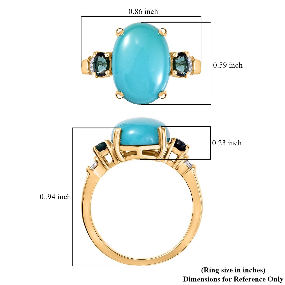 Sleeping Beauty Turquoise, Monte Belo Indicolite and White Diamond 5.35 ctw Ring in 18K Vermeil Yellow Gold Over Sterling Silver (Size 10.0) image number 5