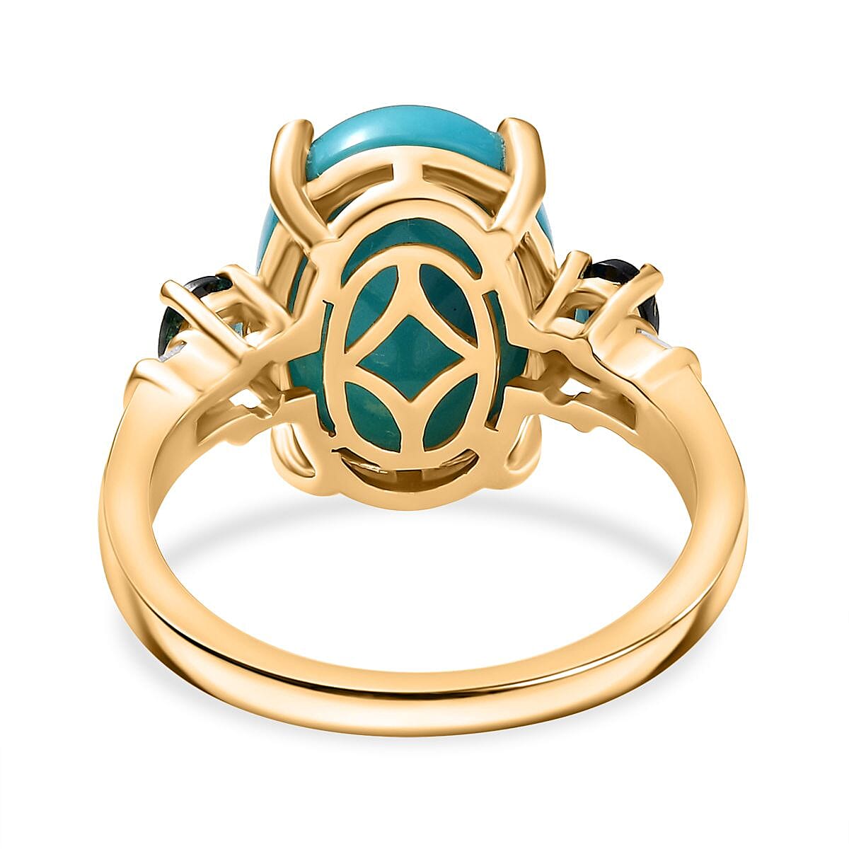 D'Joy Sleeping Beauty Turquoise, Monte Belo Indicolite and Diamond 5.35 ctw Ocean Empress Ring in 18K Vermeil Yellow Gold Over Sterling Silver (Size 8.0) 